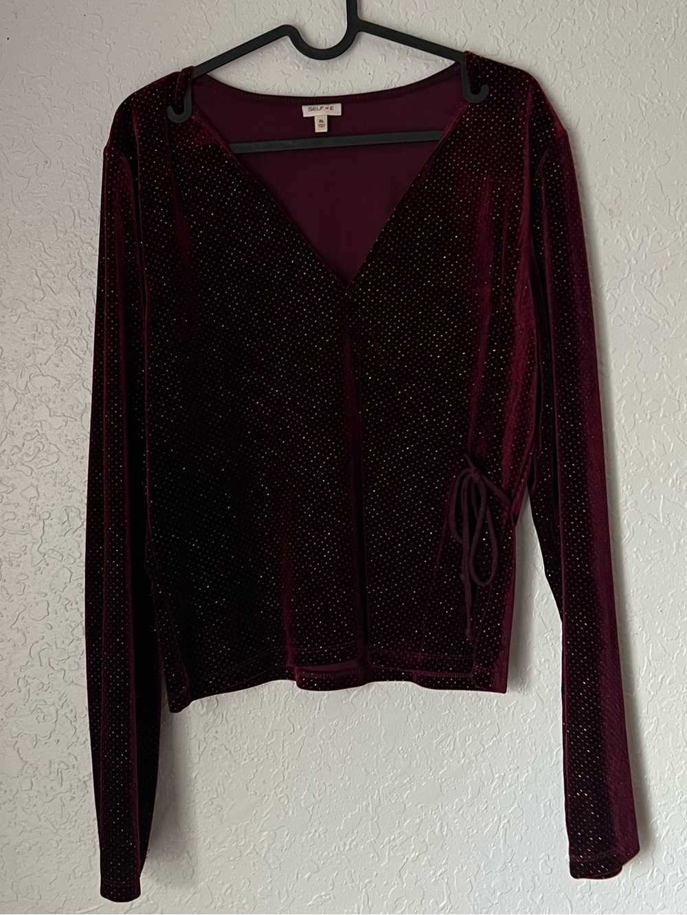 Velvet Wrap Blouse in Deep Burgundy with Sparkle